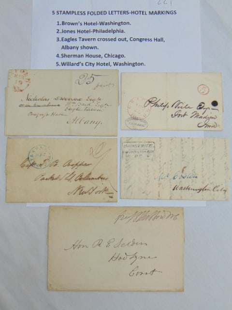 5 stampless folded letters with hotel markings, Jones Hotel, Philadelphia to New York; Browns Hotel, (1 of 11)