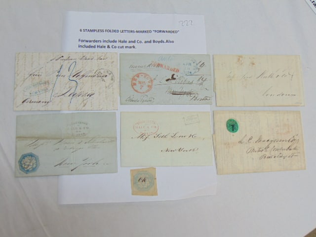 6 stampless folded letters with forward marks, forwarders include Hale & Co (including cut mark),: 6 stampless folded letters with forward marks, forwarders include Hale & Co (including cut mark), E.Von Hoffmann & Co (to Leipzig, Germany); Boyds City Express, more