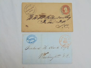 2 covers with hotel stamps, Charleston Hotel, Charleston S.C. to Dalton S.C. & Delmonico's Hotel,