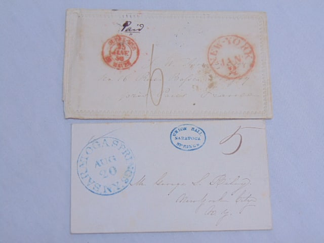 2 covers with hotel stamps, New York Hotel to Paris, France & Union Hall, Saratoga Springs to New: 2 covers with hotel stamps, New York Hotel to Paris, France & Union Hall, Saratoga Springs to New York City