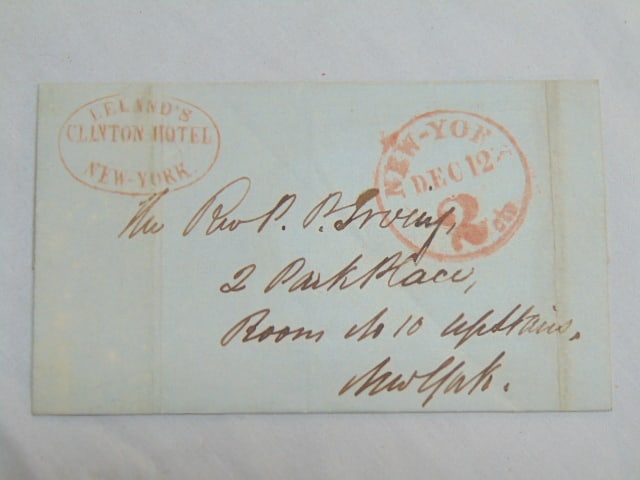 Letter with hotel mark, Leland's Clinton Hotel, New York, with round New York red 2 cent mark, (1 of 5)