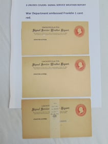 3 unused covers, signal service weather report, with War Department embossed Franklin 1 cent red