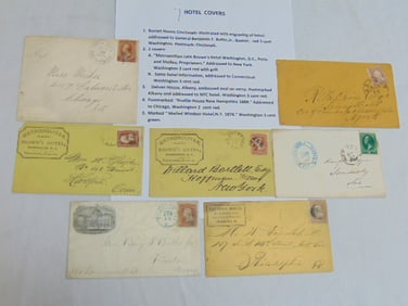 7 hotel covers, Burnet House, Cincinnati, illustrated with engraving of hotel, addressed to General