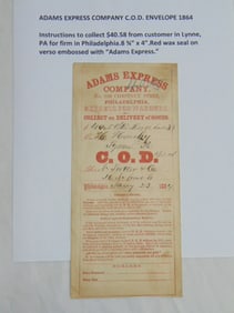 C.O.D. envelope, 1864 from Adams Express Company, Philadelphia express forwarders red wax seal on