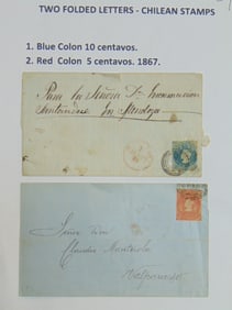 2 folded Chilean letters with stamps, blue Colon 10 centavos & red colon, 5 centavos, 1867