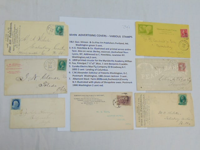 7 advertising covers with various stamps, included two Geo. Stinson & Co Fine Art Publishers, (1 of 11)