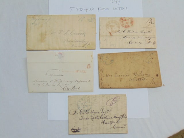 5 19th Century stampless folded letters, 1847 letter marked "Steamboat" from Theo Hoogen addressed: 5 19th Century stampless folded letters, 1847 letter marked "Steamboat" from Theo Hoogen addressed to the Charge D'Affaires, Le Roi des Pays Bas (Netherlands); 1844 letter addressed to D.C. Collins, T