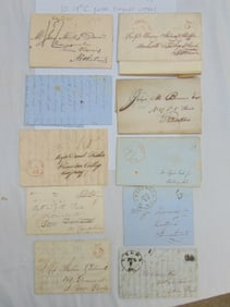 10 19th Century folded stampless letters, various postmarks including, Lacon, Marshall co, Ill,