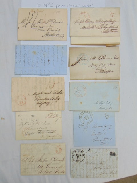10 19th Century folded stampless letters, various postmarks including, Lacon, Marshall co, Ill,: 10 19th Century folded stampless letters, various postmarks including, Lacon, Marshall co, Ill, Monticello, NY, Syosset, NY, Newport, Philadelphia, Netherlands, Port Deposit