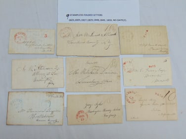 9 stampless folded letters, early to mid 19th Century, postmarks include Providence, Southbridge,