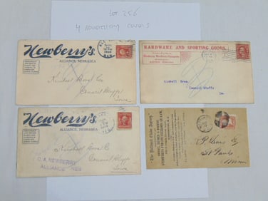 4 advertising stamped covers, 2 "Newberry's Alliance, Nebraska, Wholesale & Retail hardware,