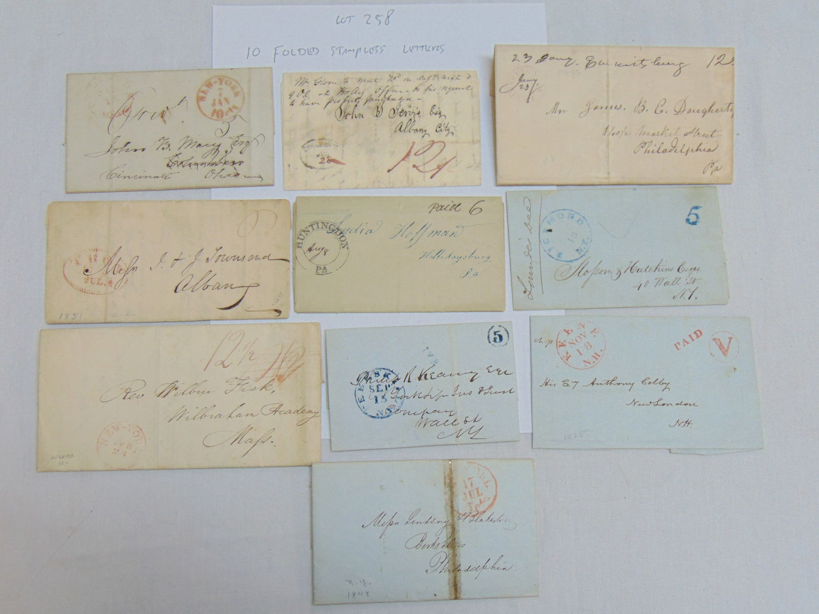 10 Stampless folded letters, early to mid 19th Century, postmarks include Huntington, New York, (1 of 19)