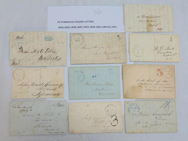 10 stampless folded letters, early to mid 19th Century, postmarks include East Haddam, Seneca Fall,