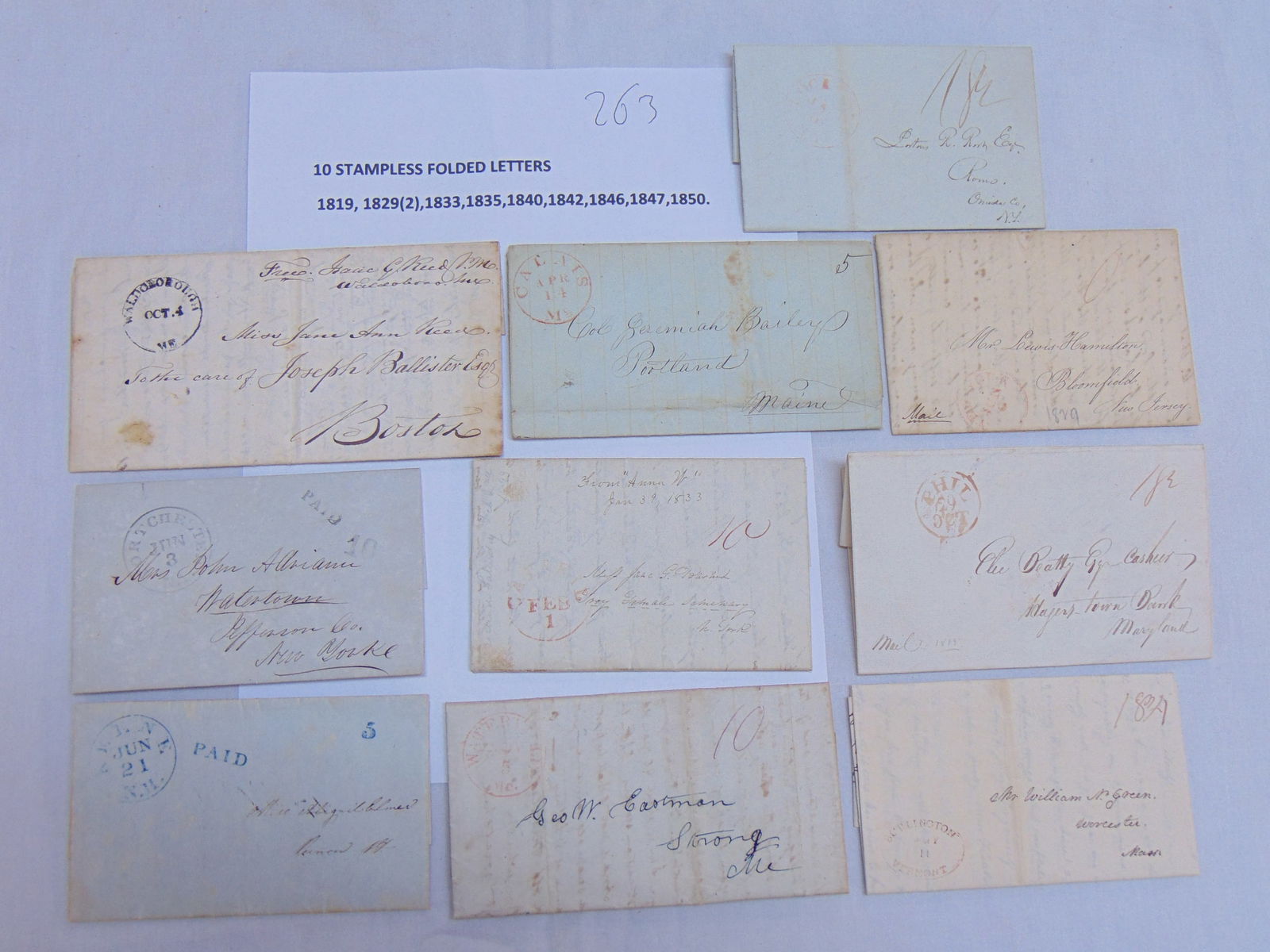 10 stampless folded letters, 1819-1850, postmarks include Waldoborough ME, Lockport, Waterville ME (1 of 16)