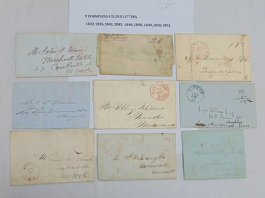 9 stampless folded letters, 1832 to 1851, postmarks include New York, Charleston, Tiffin,
