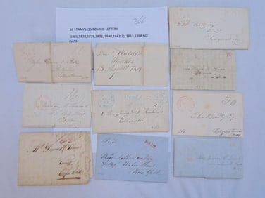10 stampless folded letters, 1801 to 1858, postmarks include Worcester, Winchester, Albany, Augusta,