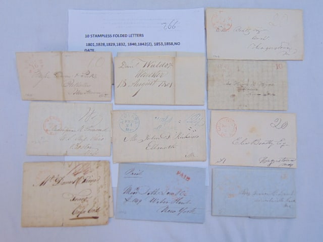 10 stampless folded letters, 1801 to 1858, postmarks include Worcester, Winchester, Albany, Augusta,: 10 stampless folded letters, 1801 to 1858, postmarks include Worcester, Winchester, Albany, Augusta, Georgetown, Boston, Bangor, mostly family correspondence, but also some letters regarding financial