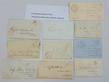 10 stampless folded letters, 1819-1867, postmarks include Brattleboro, Lynchburg VA, Boston, Jamaica