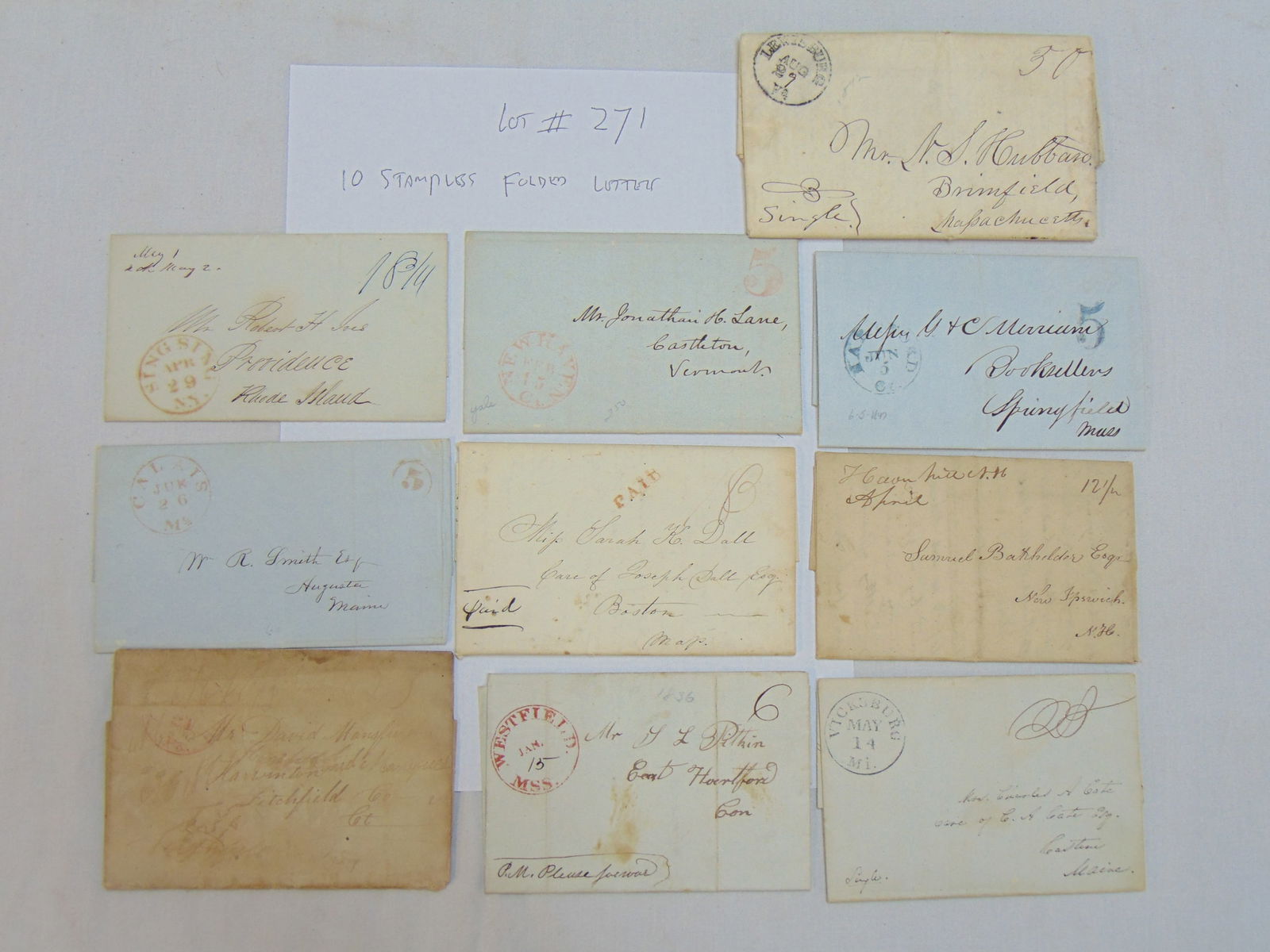 10 stampless folded letters, early to mid 19th Century, postmarks include Sing Sing NY, Westfield (1 of 16)