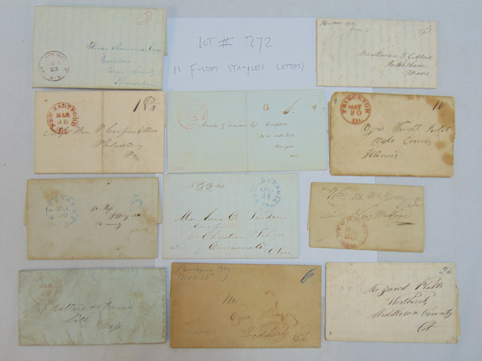 11 stampless folded letters, early to mid 19th Century, postmarks include White Plains, Princeton: 11 stampless folded letters, early to mid 19th Century, postmarks include White Plains, Princeton Ill, New Hartford CT, Lasalle Ill. New Haven, Waterbury, Philadelphia, New Rochelle, Albany, includes 