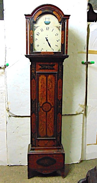 Paint decorated antique tall clock with reeplaced quartz works (1 of 2)