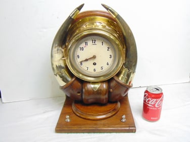 Oak brass & horn clock