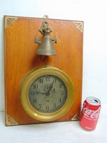 CHELSEA Ships clock, brass with bell on wood mounted board