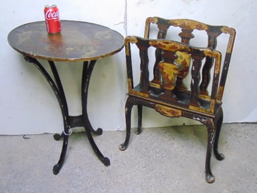 two painted pcs to include paint decorated oval table & print stand