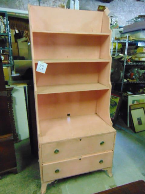 Pink painted mahogany shelf unit with 2 drawers on bottom, height is approx. 6 1/2 feet tall (1 of 2)