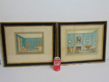 Artwork, two architecture interior drawings w/ black frames
