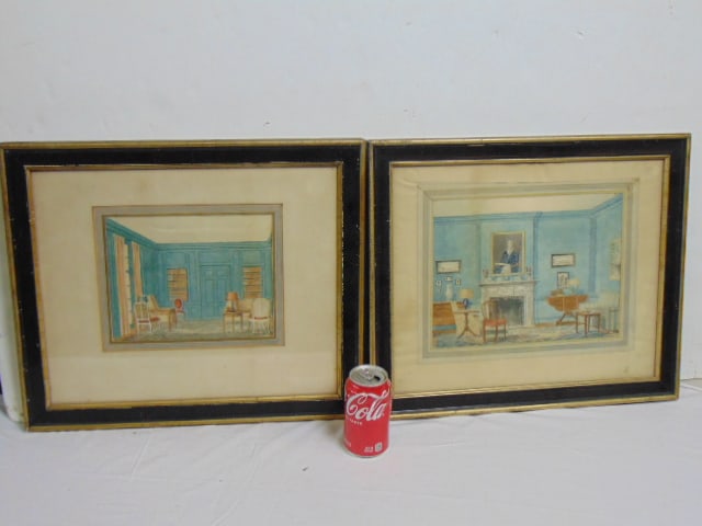 Artwork, two architecture interior drawings w/ black frames (1 of 3)