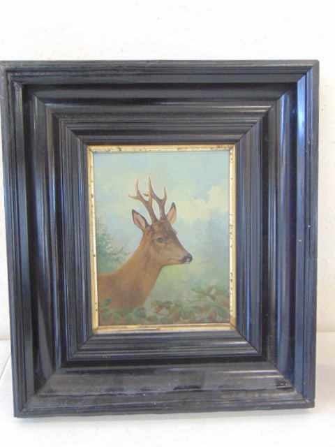 Oil on panel deer, in Dutch frame, 15.75" by 13 7/8" (framed): Oil on panel deer, in Dutch frame, 15.75" by 13 7/8" (framed)