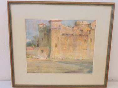 Watercolor, castle, fortress, signed (Richard) Schmid, 25.5" by 29" (framed)