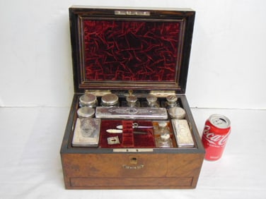 Antique ladies fitted traveling vanity case silver plate, velvet interior, MOP decoration