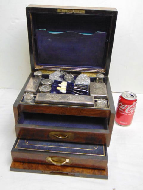 Antique lady's fitted traveling vanity case, silver plate, pull down draw with two interior drawers, (1 of 2)