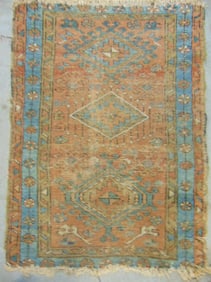Small Persian scatter rug, worn, 44" by 33.5"