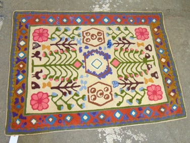 Hooked rug, floral & tree design, with border, 58" by 43"