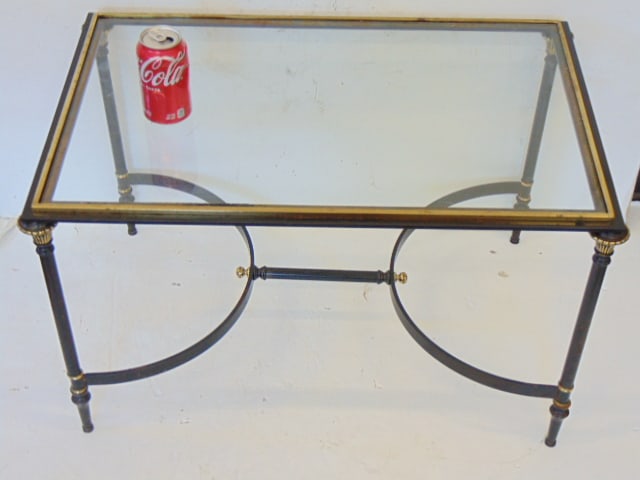 Brass & steel base coffee table with glass top, glass has chip: Brass & steel base coffee table with glass top, glass has chip