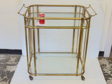 Mid Century brass tea or bar cart, rounded forms