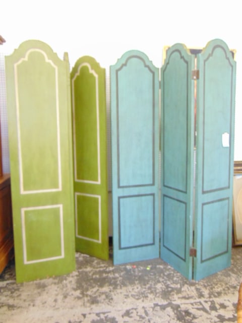 Pair large screens, painted, 3 panels each, panels are 20" wide, height is 7' (1 of 2)