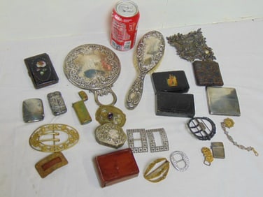 Lot of sterling items including buckles, mirror, brush, etc.