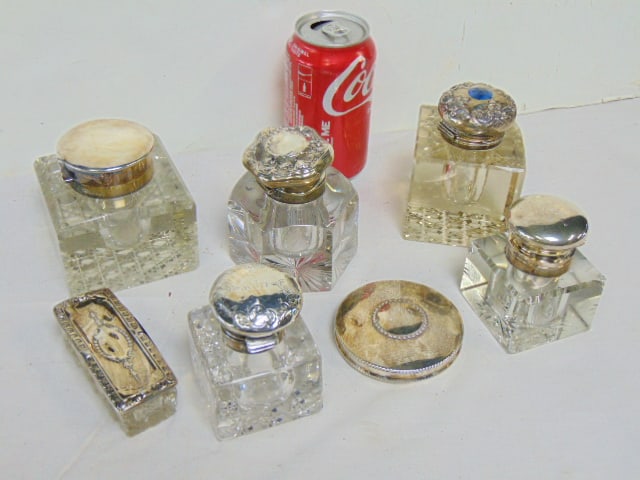 Lot of as is inkwells sterling tops & other: Lot of as is inkwells sterling tops & other