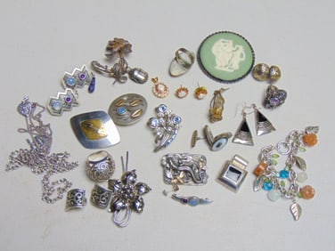 Jewelry lot to include sterling earrings, pins, cufflinks