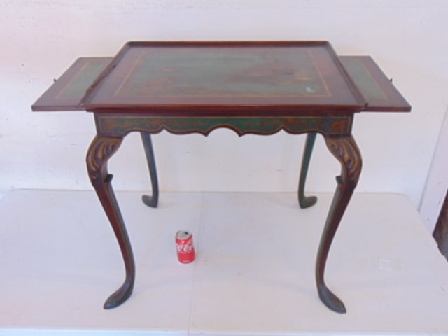 Paint decorated tea, tray table with pull out slides (1 of 2)