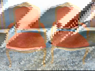 Pair bergeres chairs, rust upholstery