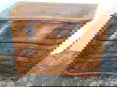 Restored antique triple drawer burl wood serpentine front chest