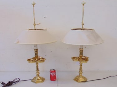 Pair brass boudoir style table lamps with linen shades, 32.5" tall