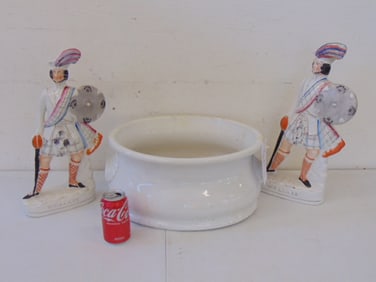 Ironstone footbath & two Staffordshire figures