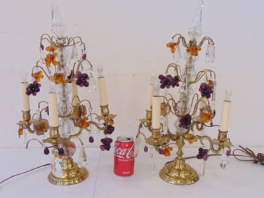 Pair antique brass lamps with Bohemian glass crystals, 21.5" tall, missing several crystals