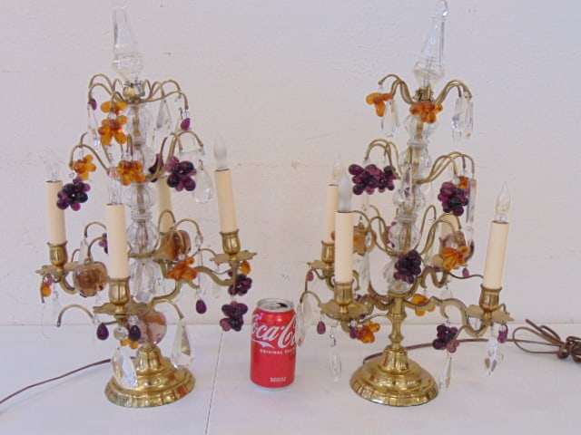 Pair antique brass lamps with Bohemian glass crystals, 21.5" tall, missing several crystals (1 of 2)